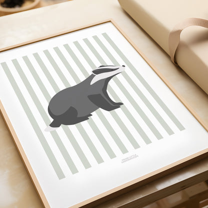 Children's Woodland Badger Print - Sage Green Stripes