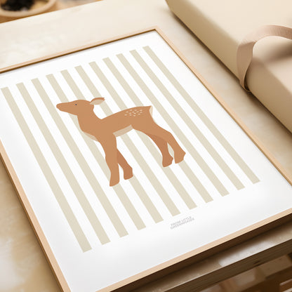 Children's Woodland Deer Print - Oatmeal Stripes