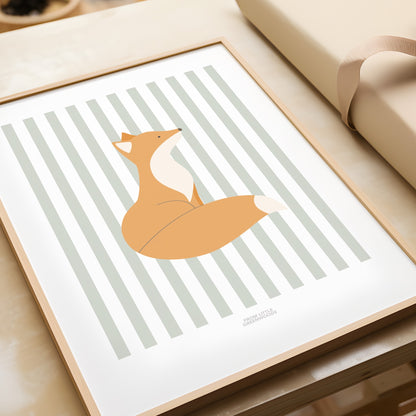 Children's Woodland Fox Print - Sage Green Stripes