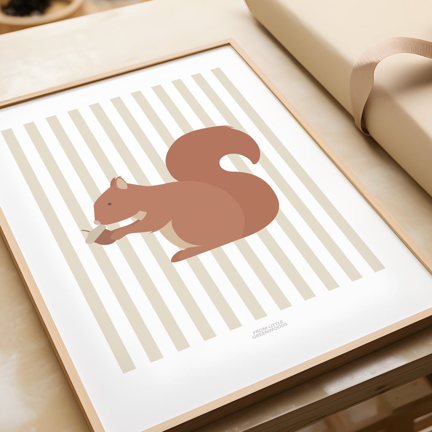 Children's Woodland Squirrel Print - Oatmeal Stripes
