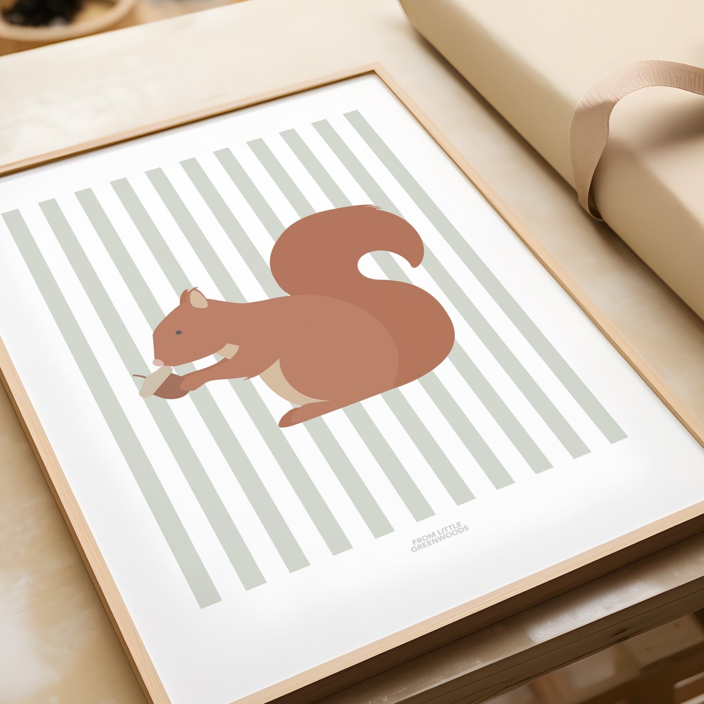 Children's Woodland Squirrel Print - Sage Green Stripes