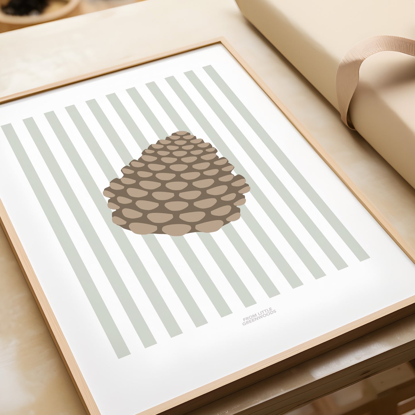 Children's Woodland Pinecone Print - Sage Green Stripes