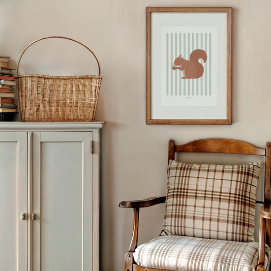 Children's Woodland Squirrel Print - Sage Green Stripes