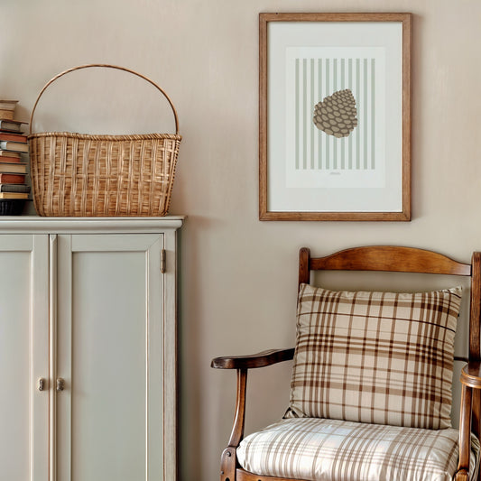 Children's Woodland Pinecone Print - Sage Green Stripes