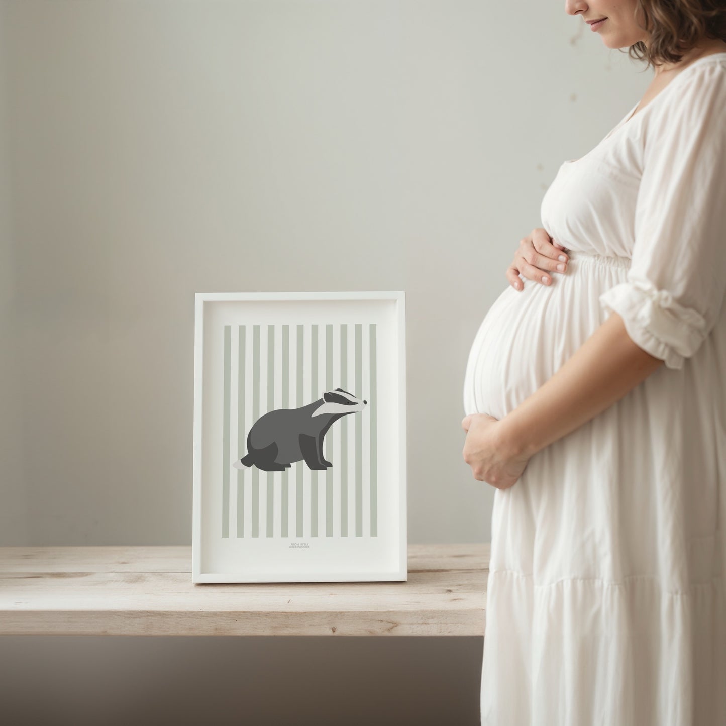 Children's Woodland Badger Print - Sage Green Stripes