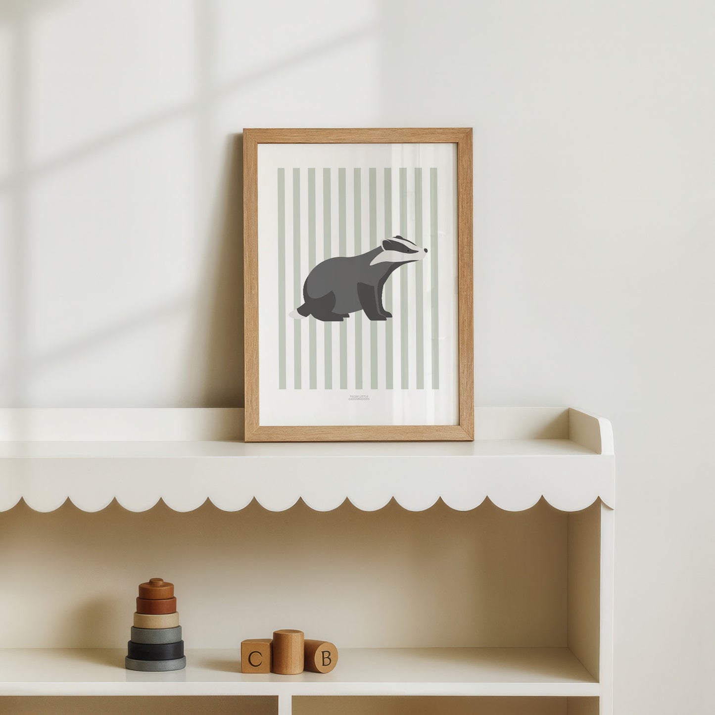 Children's Woodland Badger Print - Sage Green Stripes