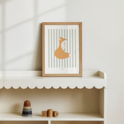 Children's Woodland Fox Print - Sage Green Stripes
