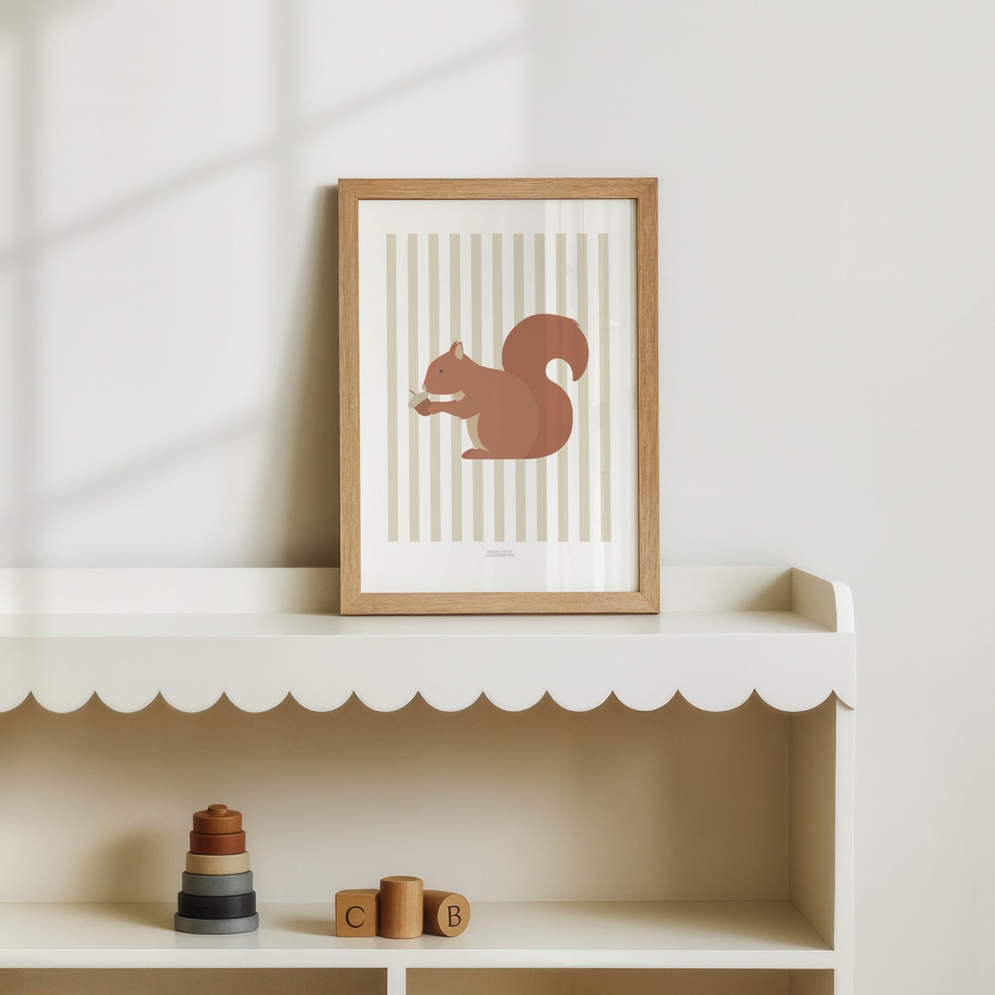 Children's Woodland Squirrel Print - Oatmeal Stripes