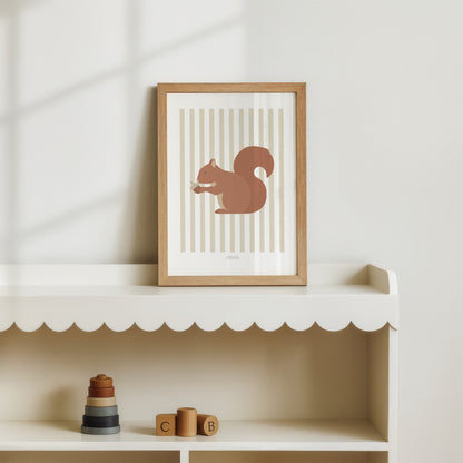 Children's Woodland Squirrel Print - Oatmeal Stripes