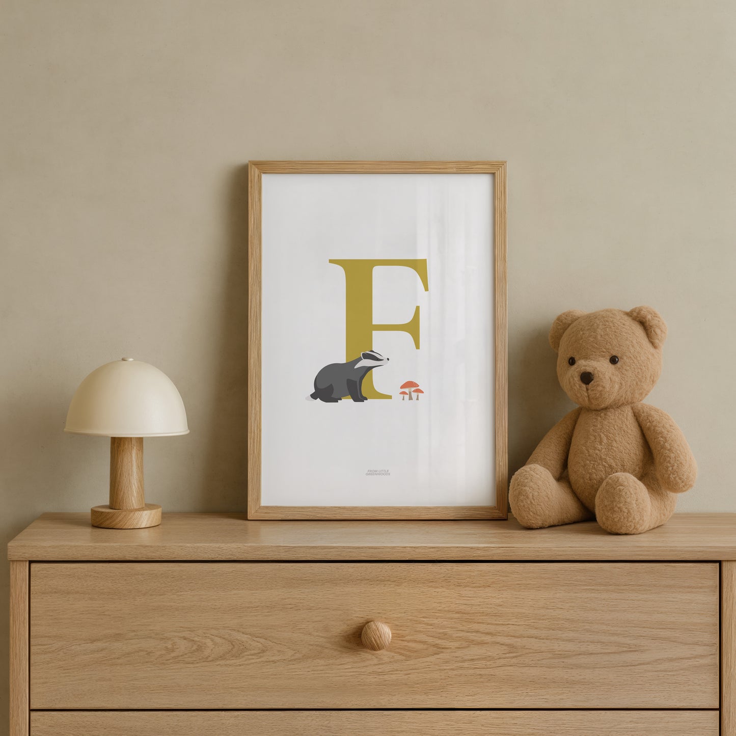 Personalised Woodland Badger Initial Print - Yellow