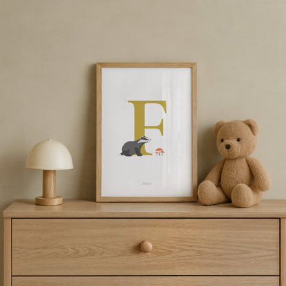 Personalised Woodland Badger Initial Print - Yellow