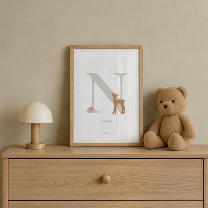 Personalised Woodland Deer Initial Print - Sage Green