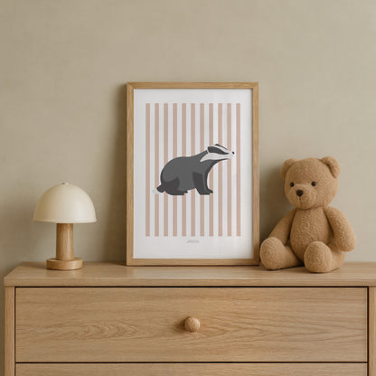 Children's Woodland Badger Print - Pink Stripes
