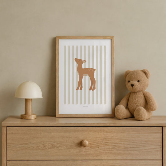 Children's Woodland Deer Print - Oatmeal Stripes
