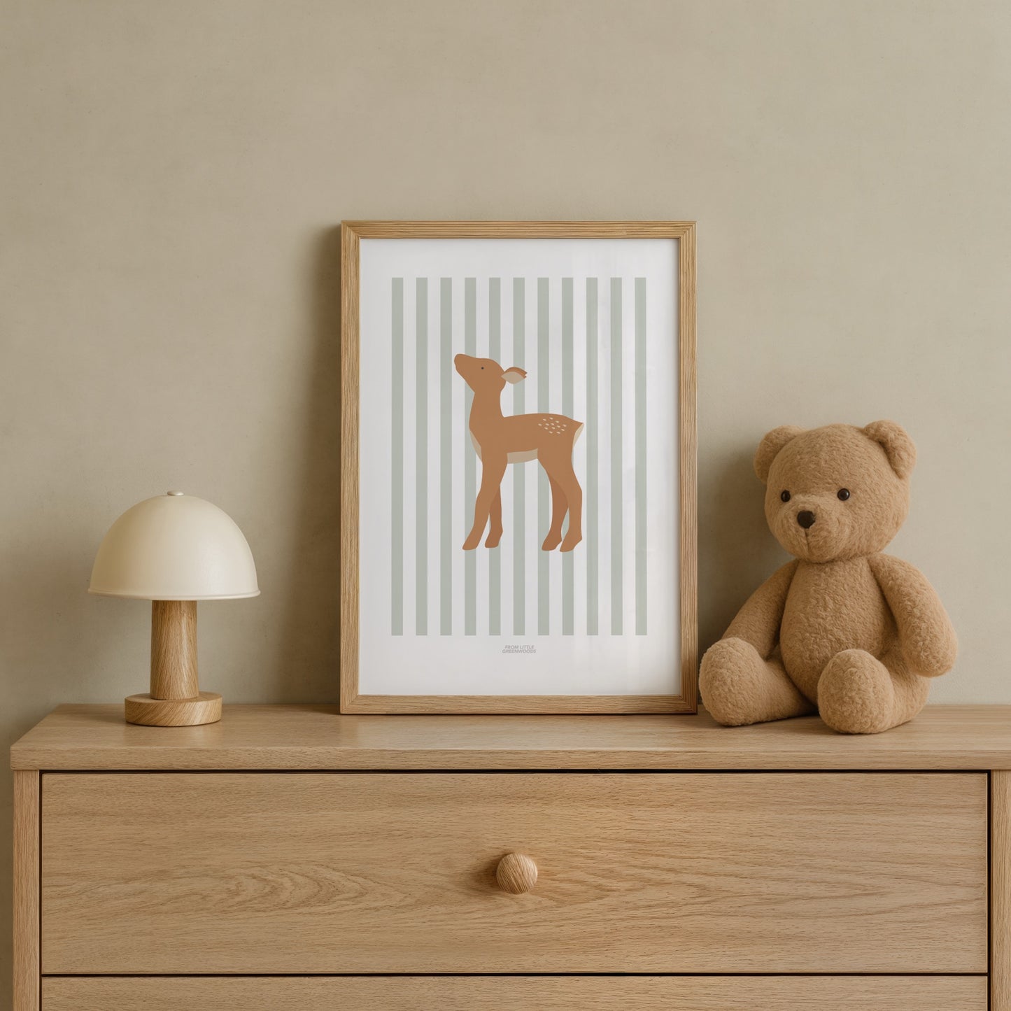 Children's Woodland Deer Print - Sage Green Stripes