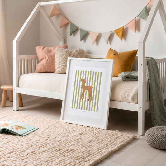 Children's Woodland Deer Print - Light Green Stripes