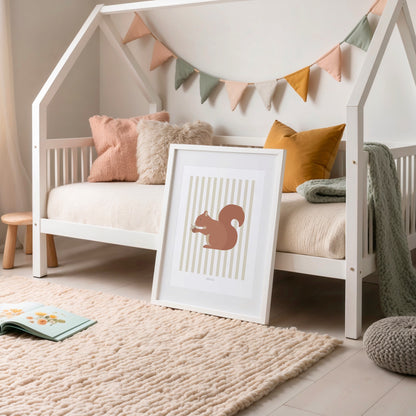 Children's Woodland Squirrel Print - Oatmeal Stripes