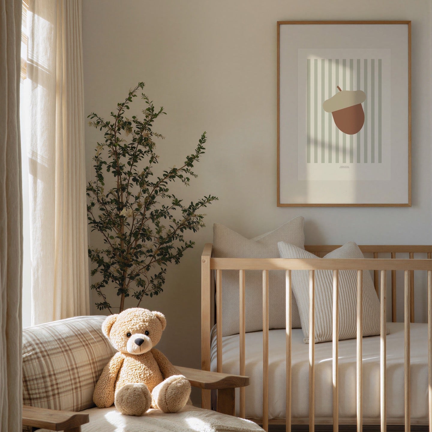 Children's Woodland Acorn Print - Sage Green Stripes