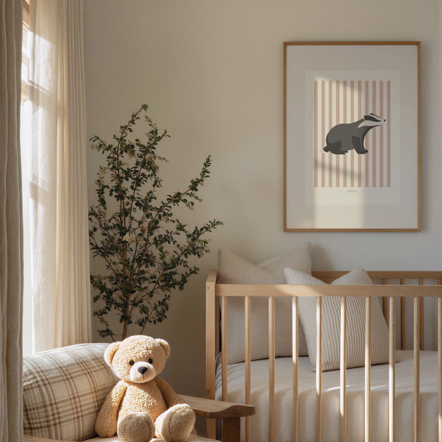 Children's Woodland Badger Print - Pink Stripes