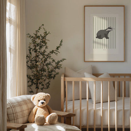 Children's Woodland Badger Print - Sage Green Stripes