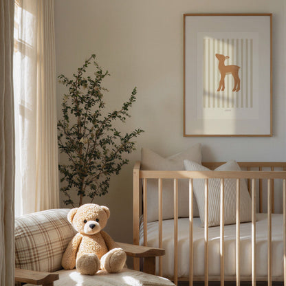 Children's Woodland Deer Print - Oatmeal Stripes
