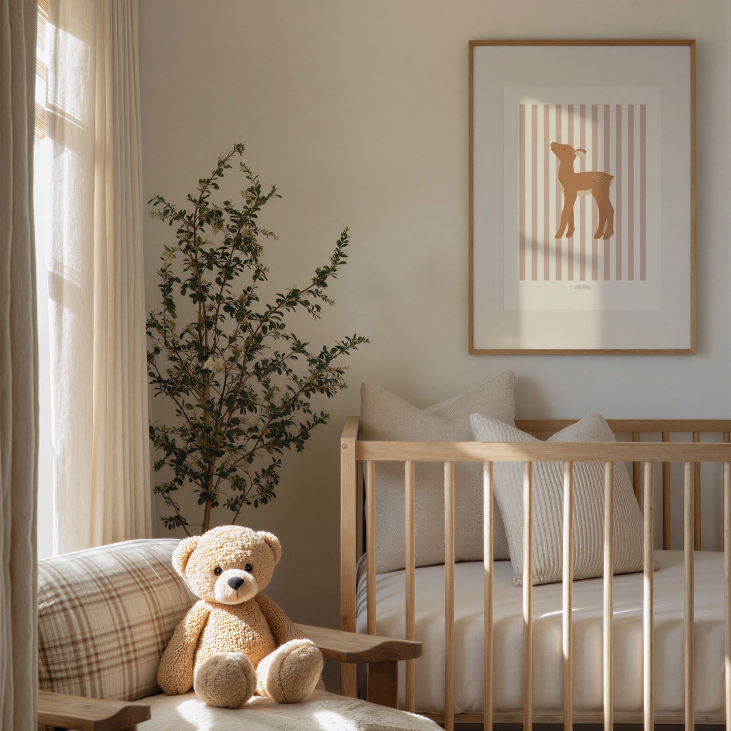 Children's Woodland Deer Print - Pink Stripes