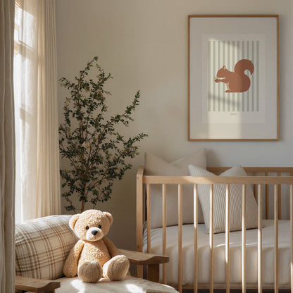 Children's Woodland Squirrel Print - Sage Green Stripes