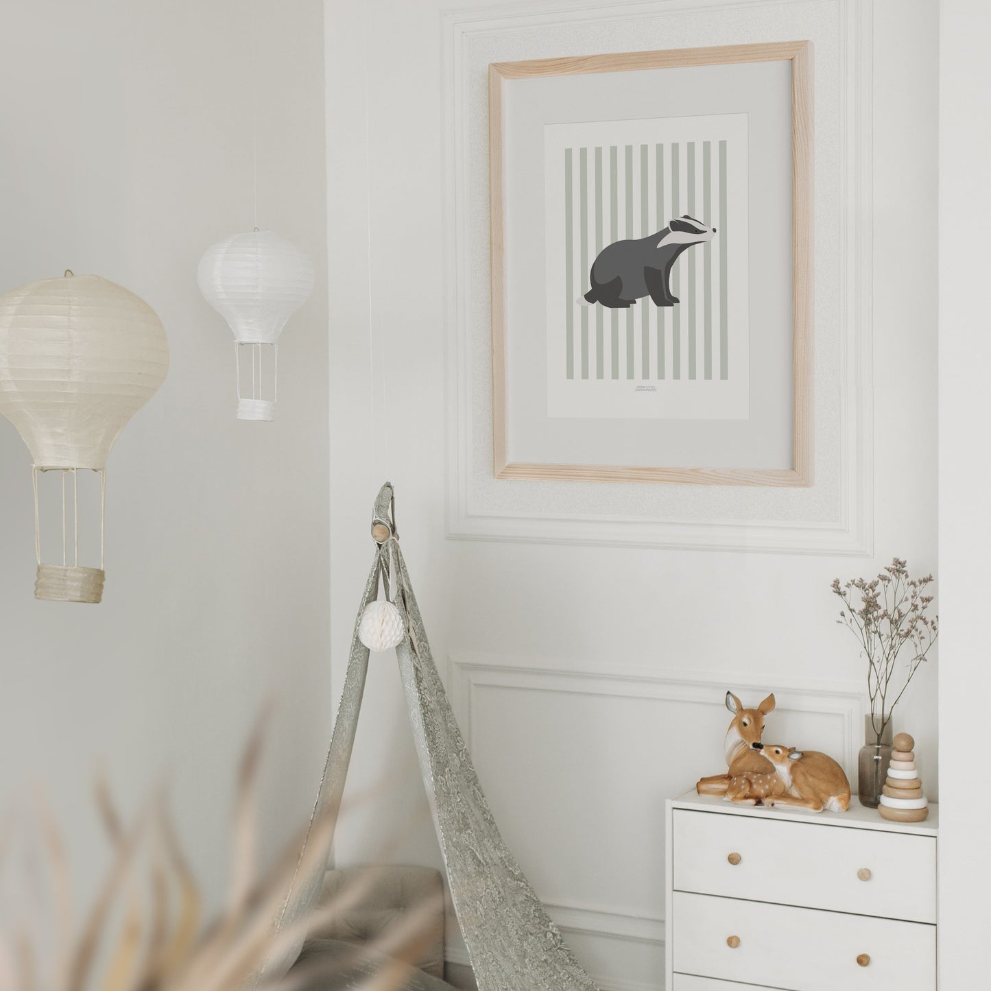 Children's Woodland Badger Print - Sage Green Stripes