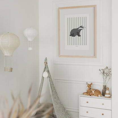 Children's Woodland Badger Print - Sage Green Stripes