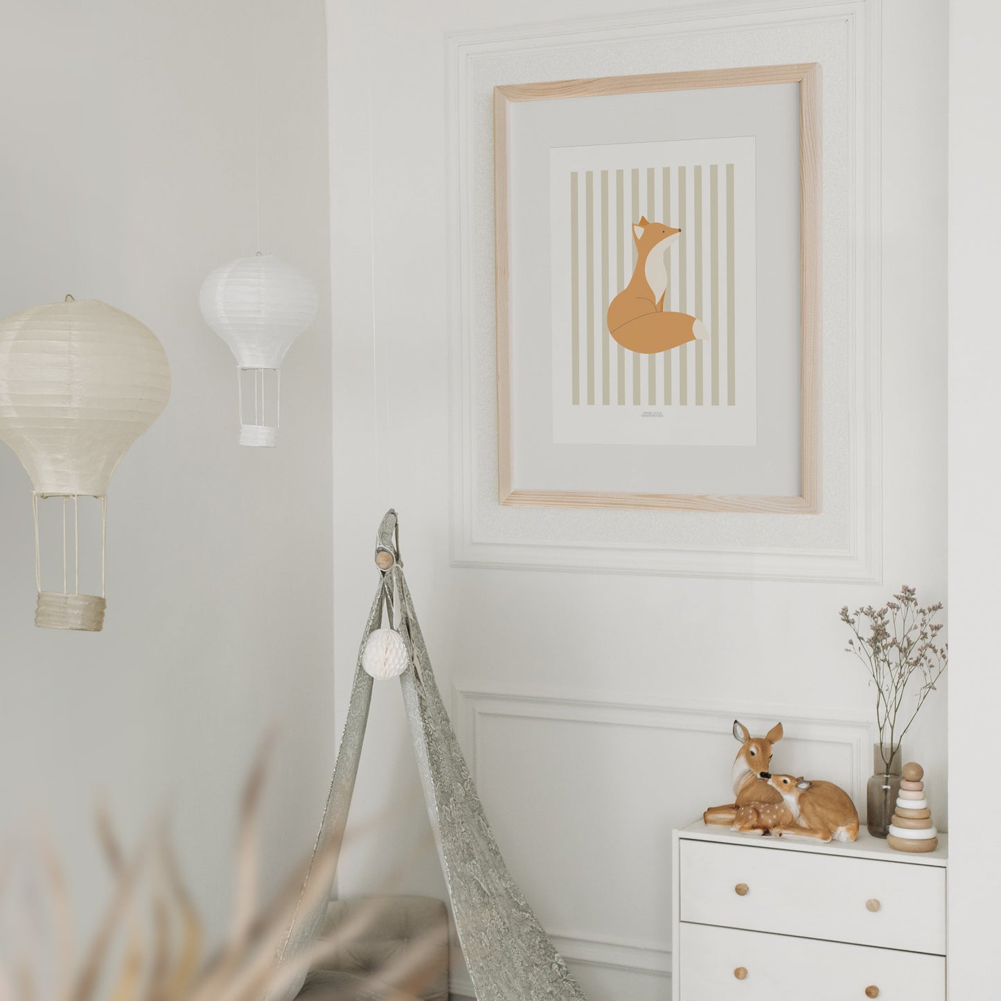 Children's Woodland Fox Print - Oatmeal Stripes