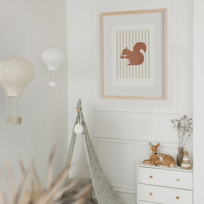 Children's Woodland Squirrel Print - Oatmeal Stripes