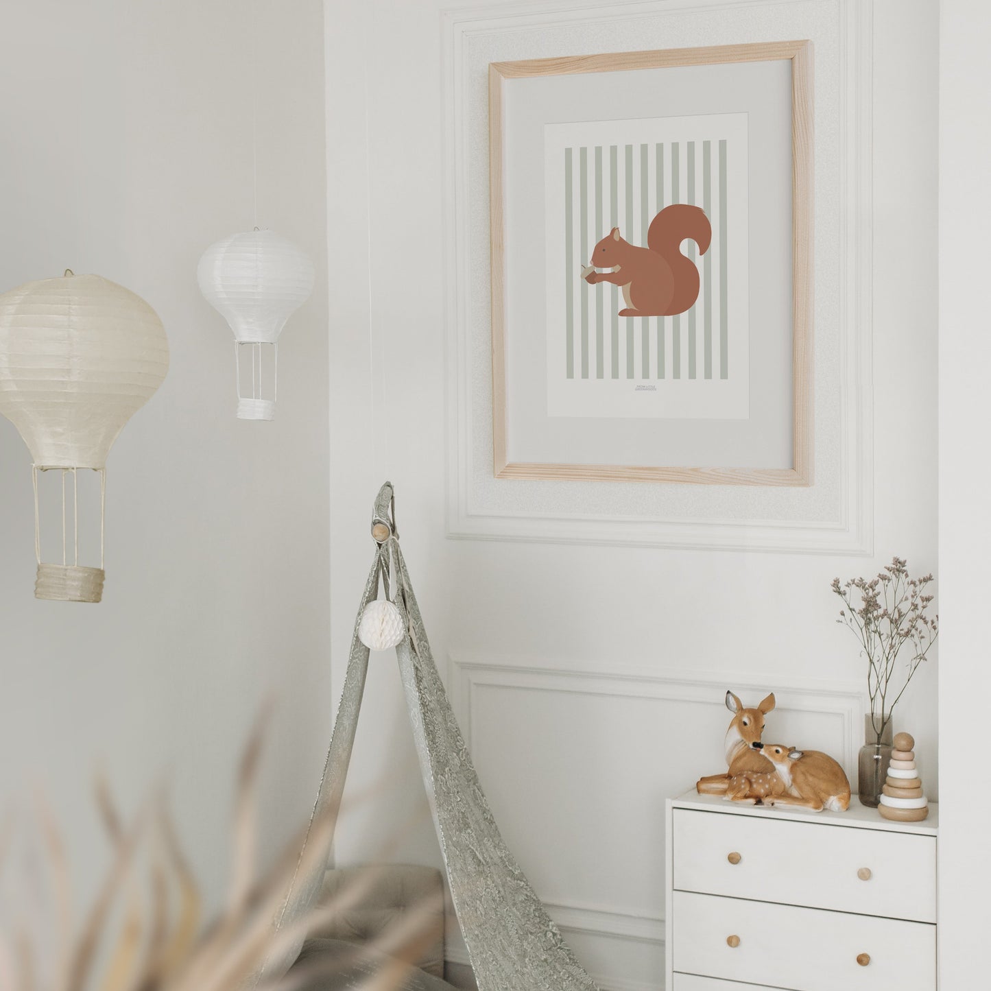 Children's Woodland Squirrel Print - Sage Green Stripes