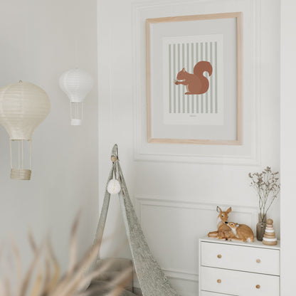 Children's Woodland Squirrel Print - Sage Green Stripes