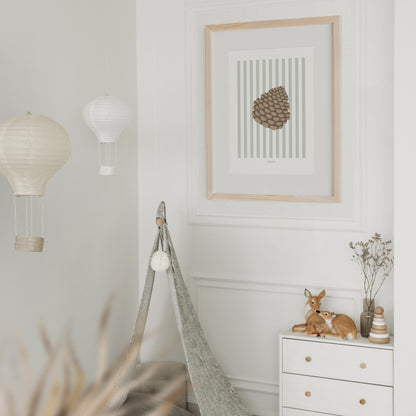 Children's Woodland Pinecone Print - Sage Green Stripes