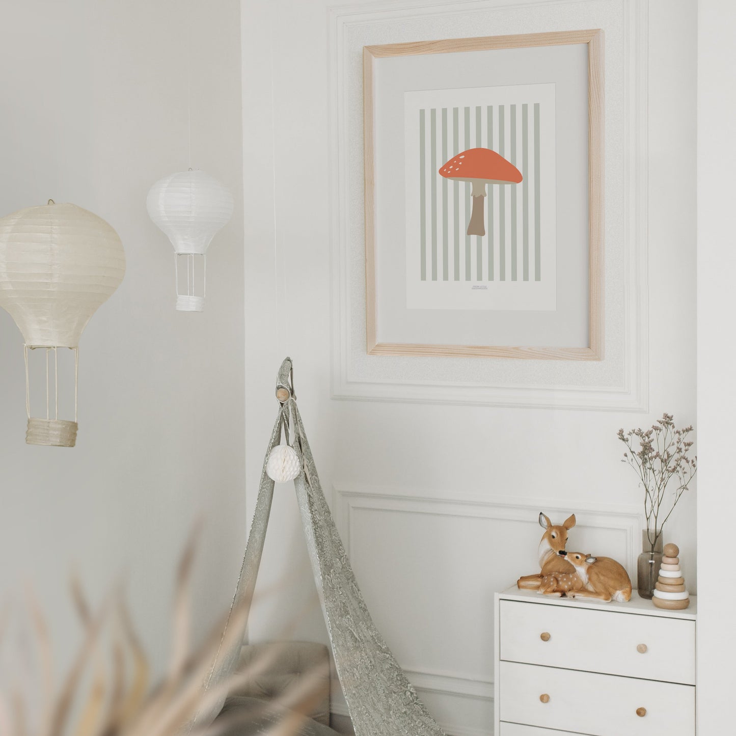 Children's Woodland Toadstool Print - Sage Green Stripes
