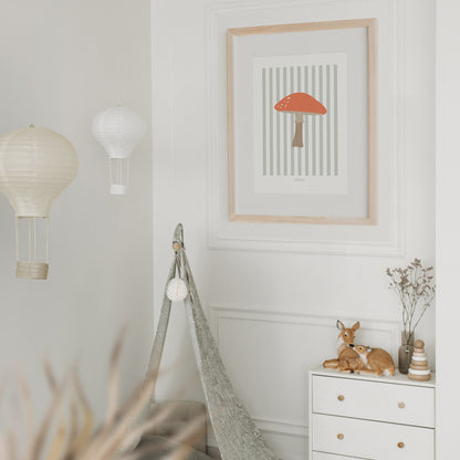 Children's Woodland Toadstool Print - Sage Green Stripes