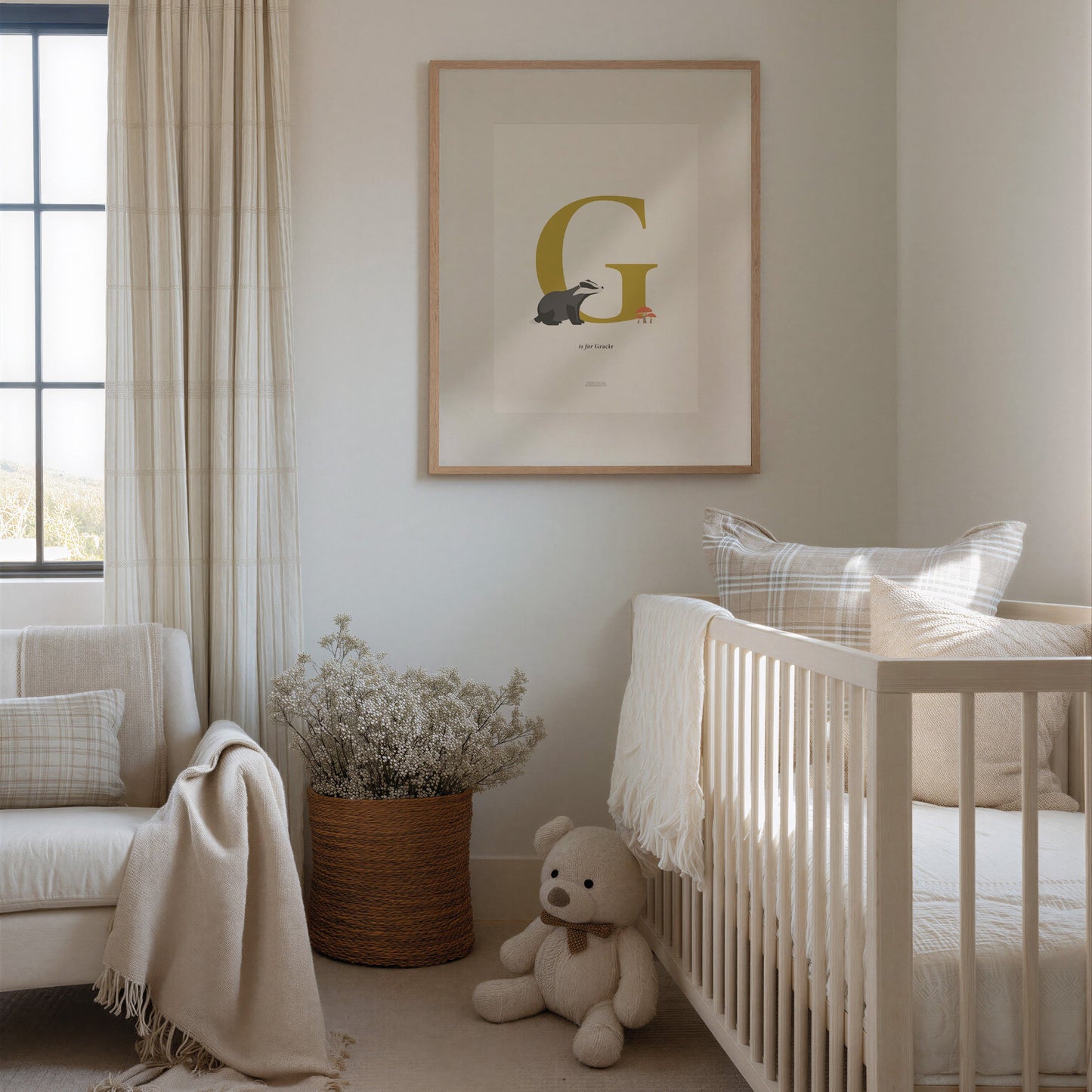 Personalised Woodland Badger Initial Print - Yellow