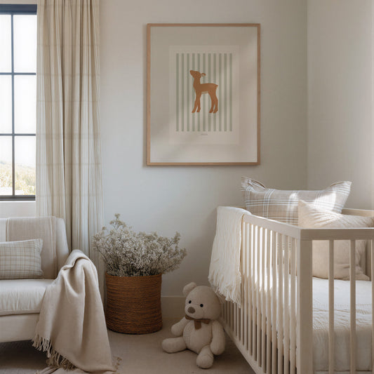 Children's Woodland Deer Print - Sage Green Stripes
