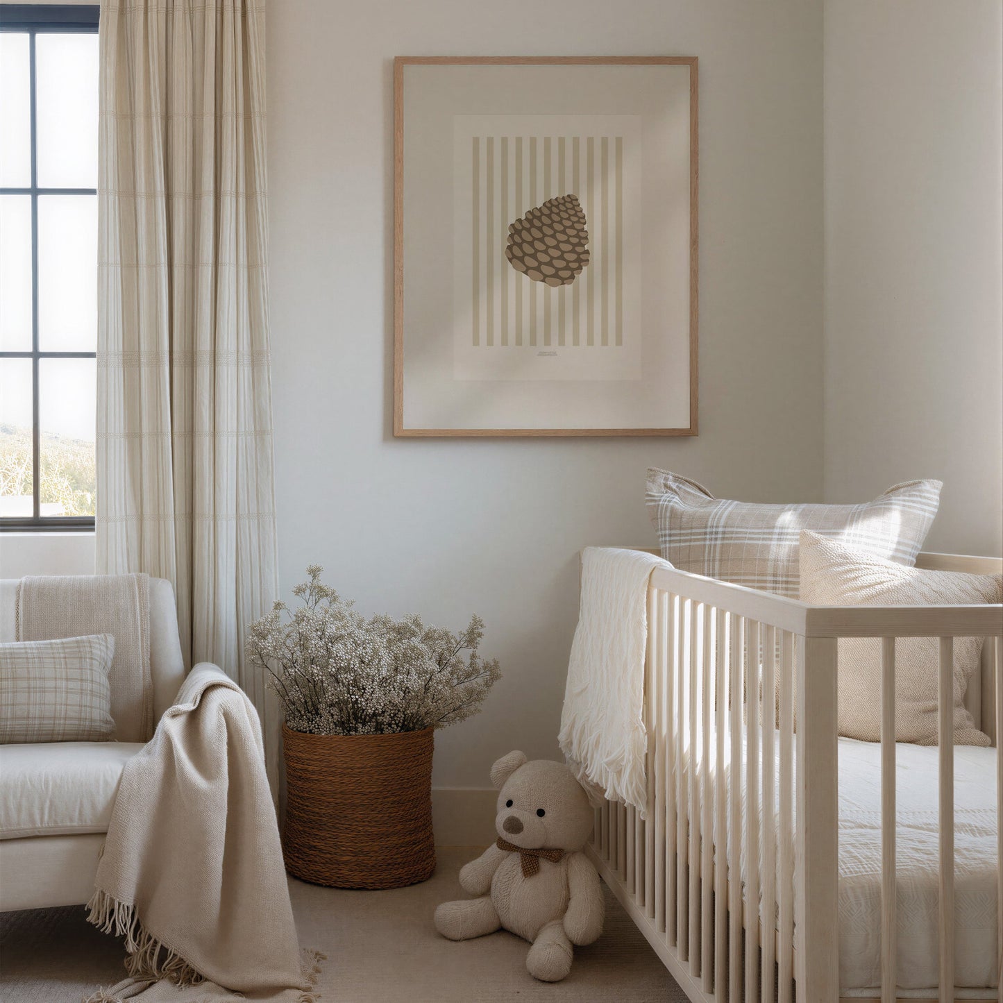 Children's Woodland Pinecone Print - Oatmeal Stripes