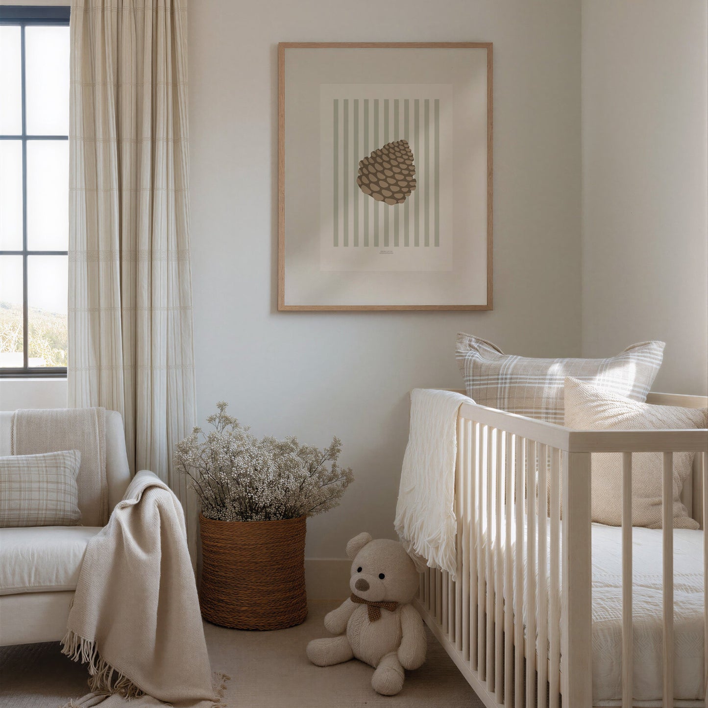 Children's Woodland Pinecone Print - Sage Green Stripes