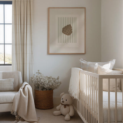 Children's Woodland Pinecone Print - Sage Green Stripes