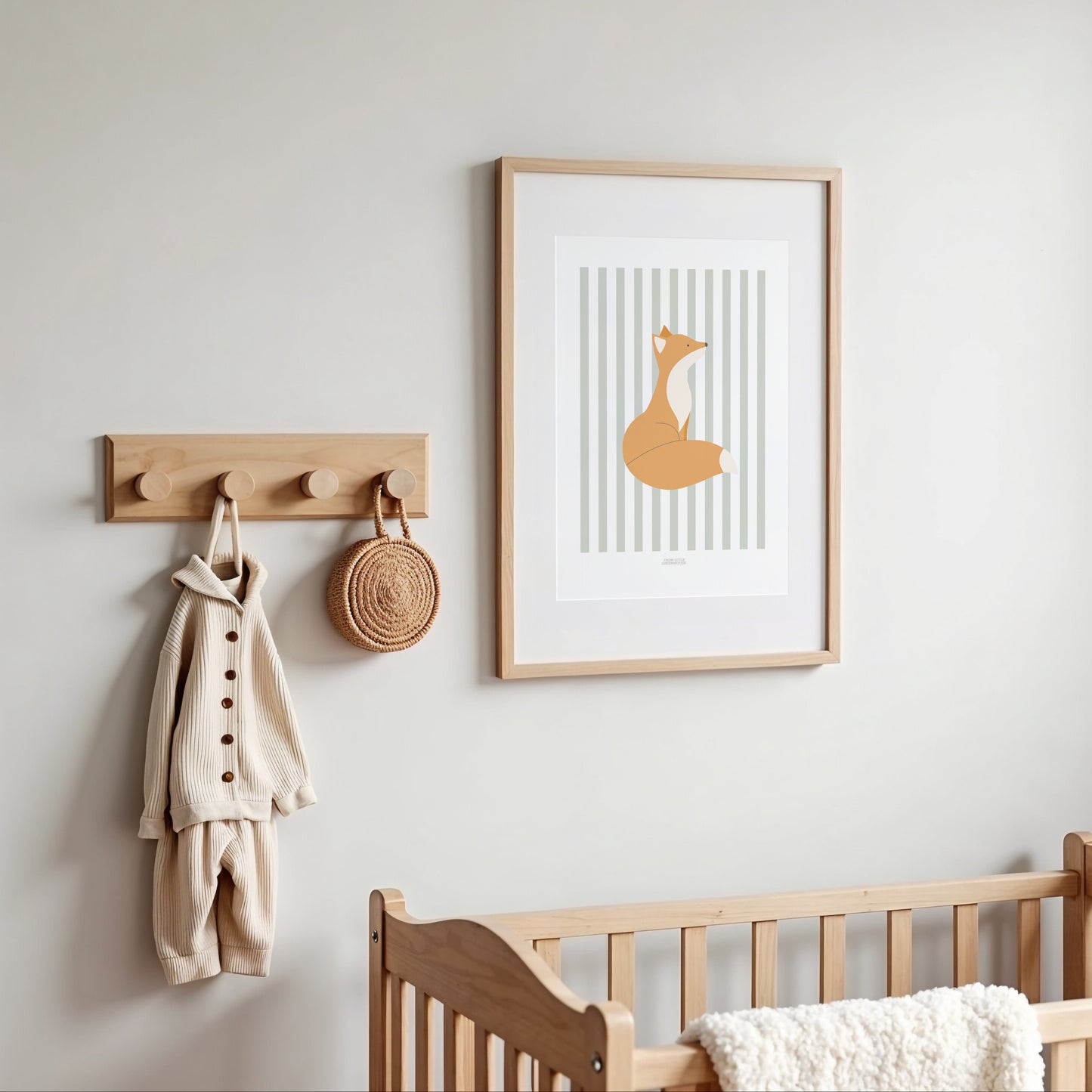 Children's Woodland Fox Print - Sage Green Stripes