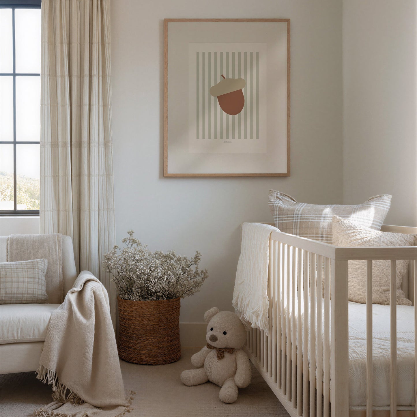 Children's Woodland Acorn Print - Sage Green Stripes