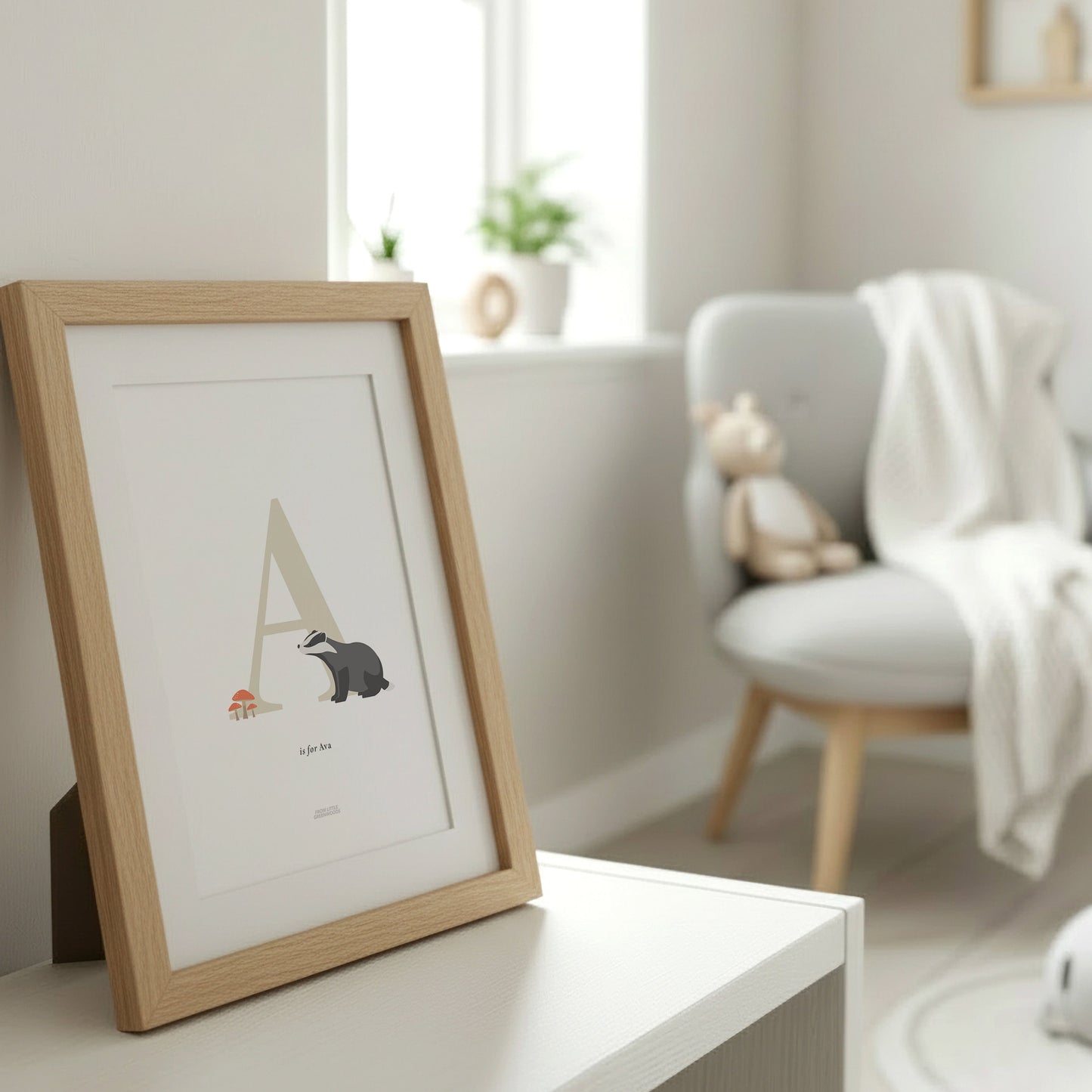 Personalised Woodland Badger Initial Print - Oatmeal