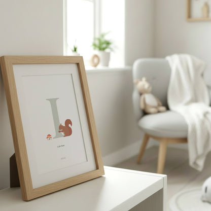 Personalised Woodland Squirrel Initial Print - Sage Green