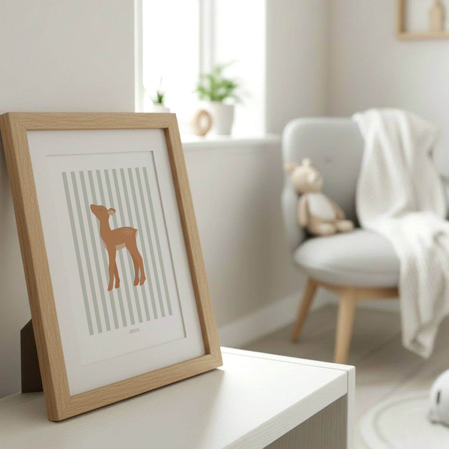 Children's Woodland Deer Print - Sage Green Stripes
