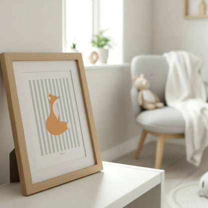 Children's Woodland Fox Print - Sage Green Stripes