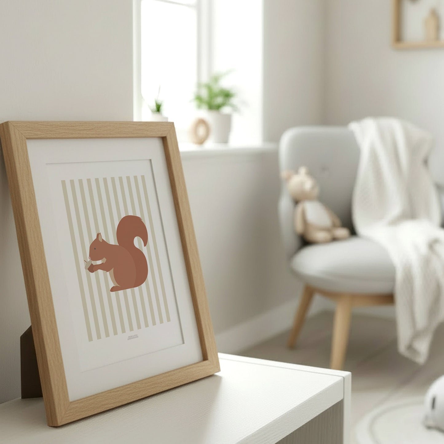 Children's Woodland Squirrel Print - Oatmeal Stripes
