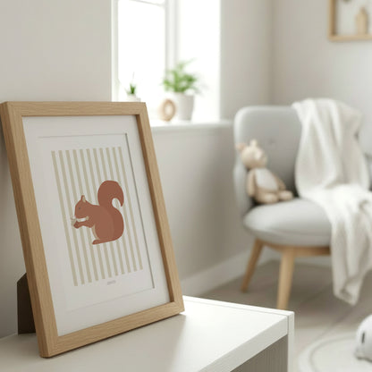 Children's Woodland Squirrel Print - Oatmeal Stripes