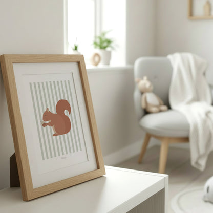Children's Woodland Squirrel Print - Sage Green Stripes